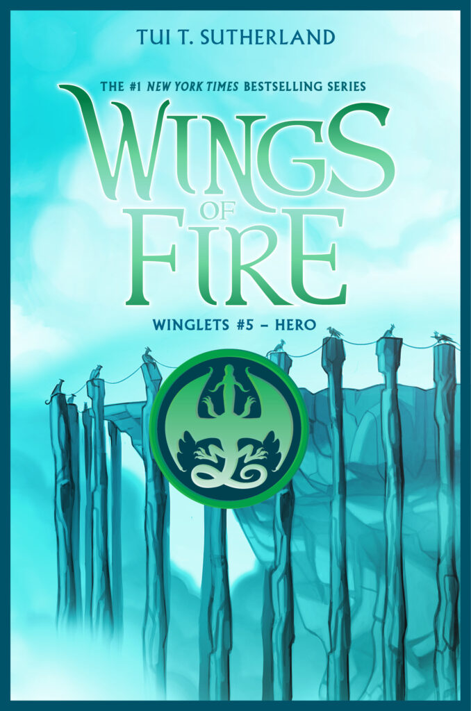 The cover of Winglets 5: Hero, which shows the SkyWing prison from a distance with dragons trapped on their spires, ooooo, what's that about